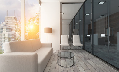 Conference room with wooden table. 3D rendering. Sunset