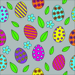 easter seamless pattern vector background, cute outline colourful painted easter eggs with green spring leaves and flowers on light grey background