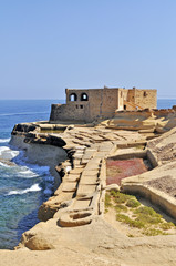 Island of Gozo with an old building and the ocean