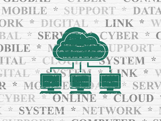 Cloud technology concept: Painted green Cloud Network icon on White Brick wall background with  Tag Cloud