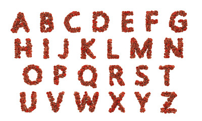ABC alphabet made of red blood cells at high resolution isolated on white background, 3D illustration