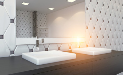 Fototapeta na wymiar Scandinavian bathroom, classic vintage interior design. 3D rendering. Sunset