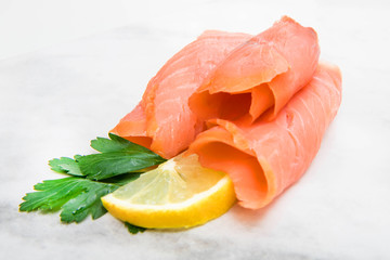 marble dish with smoked salmon slices