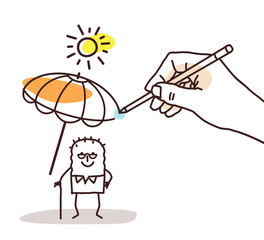 Drawing Big Hand - Cartoon Old Man with Parasol