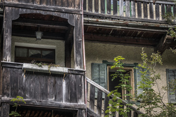Pflanzen wuchern auf der Außentreppe eines verfallenen Gebäudes