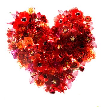 Heart-shaped Bouquet Made Of Red Flowers And Petals