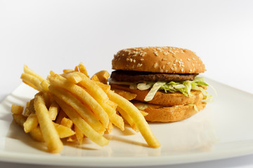 hamburger with French fries isolated on white background