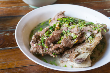 hot and spicy pork rib hot pot with thai herbs in restaurant. Thai food concept.