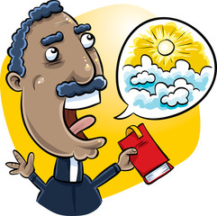 A happy, cartoon Christian minister holding a Bible, looking to the sky and preaching about heaven with a speech bubble.