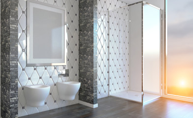 Modern bathroom including bath and sink. 3D rendering. Empty paintings