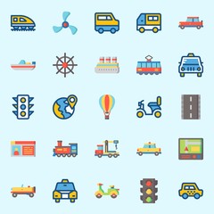 icons set about Transportation. with train, taxi, scooter, traffic light, van and cruise ship