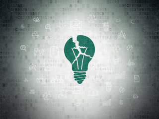 Finance concept: Painted green Light Bulb icon on Digital Data Paper background with  Hand Drawn Business Icons
