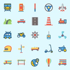icons set about Transportation. with car, train, steering wheel, cone, rudder and plane