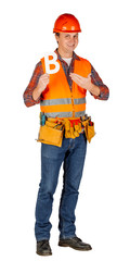 Full length portrait of a male builder in a helmet over white wall background. repair, construction, building, people and maintenance concept.