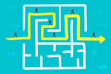 The businessman runs along the arrow to the exit from the labyrinth