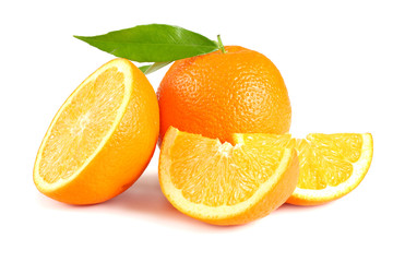 healthy food. orange with green leaf isolated on white background