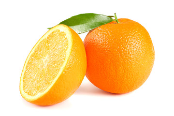 healthy food. orange with green leaf isolated on white background