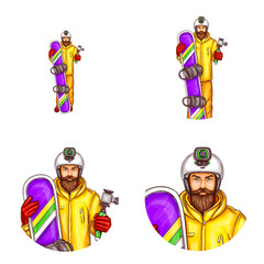 Vector set of male round avatars for users of social networks, blogs, profile icons in pop art style. Young bearded active man, in snowboarding outfit, with action camera on helmet holds snowboard