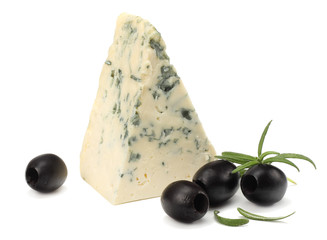 blue cheese with olives and rosemary isolated on white background