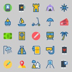 icons set about Travel. with plane ticket, snorkel, thermometer, location, scooter and pyramids