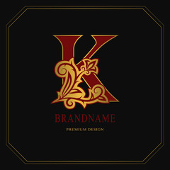 Elegant Capital letter K. Graceful floral style. Calligraphic gold beautiful logo. Vintage drawn emblem for book design, brand name, business card, Restaurant, Boutique, Hotel. Vector illustration