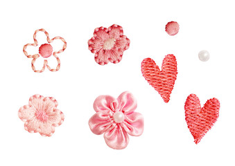Set of small decorative embroidered flowers, hearts and beads