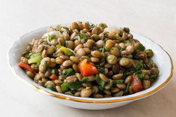 Lentil Salad with Onions, Parsley and Tomatoes in Ceramic Bowl.