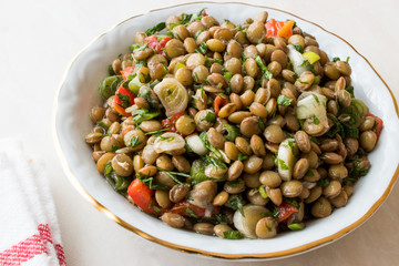 Lentil Salad with Onions, Parsley and Tomatoes in Ceramic Bowl.