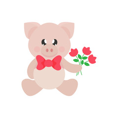 cartoon cute pig sitting with tie and flowers