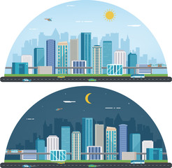 Day and night urban landscape. Modern city. Building architecture, cityscape town. Vector