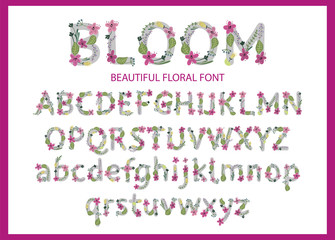 Vector colorful flower font. Vector illustration. Grotesque style. Floral alphabet.