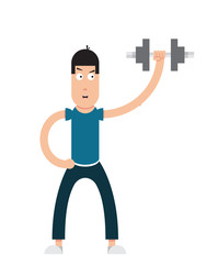 weak man holding a barbell,new to the gym and dumbbells,vector image, cartoon character