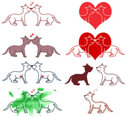 Couple stick figure cat heart watercolor paints swatches vector illustration sketch
