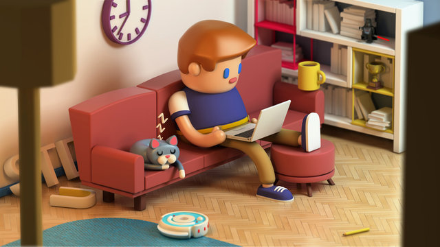 3d rendering of young man sitting on a couch and working on laptop computer at home. Cute working space. Cat sleeping on a sofa. Cartoon stylized.