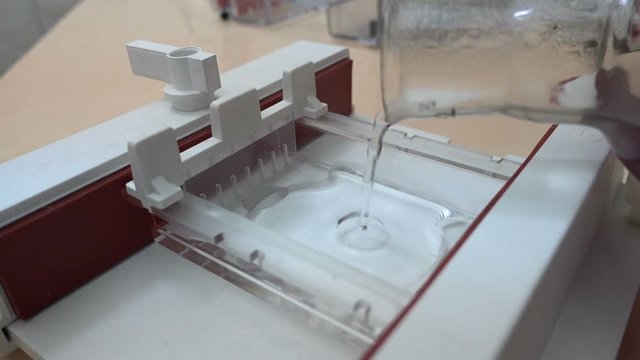 Creation of an agarose gel form. Filling the gel into the mold. Form for creating a gel for electrophoresis.