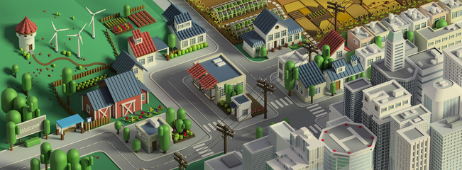 3d rendering of city landscape. Low poly colorful background. Isometric cartoon city scape. Different districts: simple rural cottages and fields, houses and stores, downtown with skyscrapers.. - obrazy, fototapety, plakaty