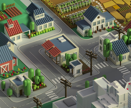 3d rendering of city landscape. Low poly colorful background. Isometric cartoon city scape. Different districts: simple rural cottages and fields, houses and stores, downtown with skyscrapers..