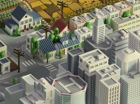 3d rendering of city landscape. Low poly colorful background. Isometric cartoon city scape. Different districts: simple rural cottages and fields, houses and stores, downtown with skyscrapers..