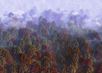 3d View of misty fog mountain in autumn