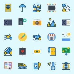 icons set about Travel. with smartphone, passport, train, motorbike, sun and umbrella