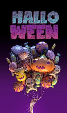3d rendering of Happy Halloween greeting card. Stylized cartoon Halloween banner or poster. 3d font. Colorful balloons. Includes pumpkin, spider, web, zombie, skull, candies