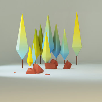 3d group of low poly stylized trees and rocks. Objects in the spot of soft light..Colorful cartoon geometric elements with realistic shadows on white background.