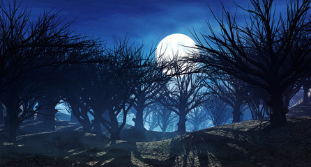 3d rendering of enchanted dark forest in the moonlight. Fantasy landscape with dried dead  trees without leaves. Dark mysterious night scene, background for Halloween poster.