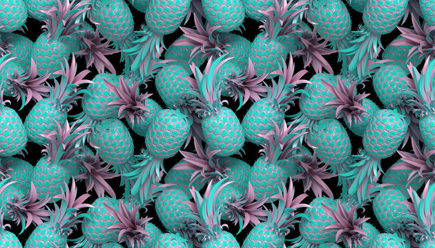 3d rendering of bright tiki style seamless pattern with pineapples. Summer fun background. Trendy poster with vivid colors, pastel blue.
