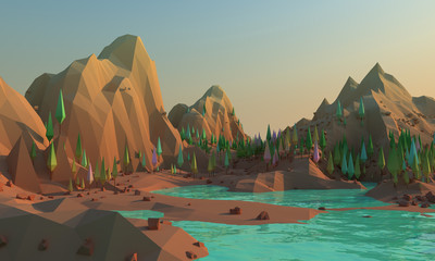 3d Low poly landscape whith mountains and water at foreground