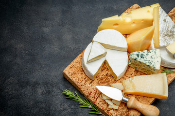 Fototapeta Various types of cheese - parmesan, brie, roquefort, cheddar obraz