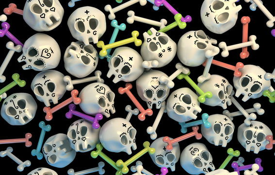 3d stylized cartoon skulls and bones seamless pattern