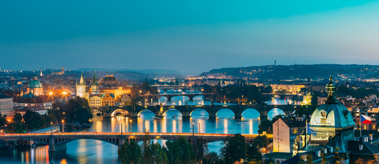 Fototapeta premium Prague, Czech Republic. Evening Panoramic View Of Evening Cityscape