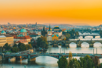 Fototapeta na wymiar Prague, Czech Republic. Evening Cityscape In Sunset Time. Charles