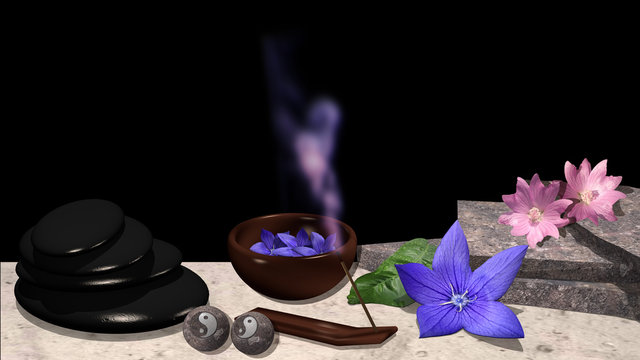 verschiedene Blüten, Steinplatten, Schale mit Blüten, Bimsstein , Qi-Gong Kugeln mit yin und Yang Symbol und ein Räucherstäbchen mit violettem Rauch. 3d render